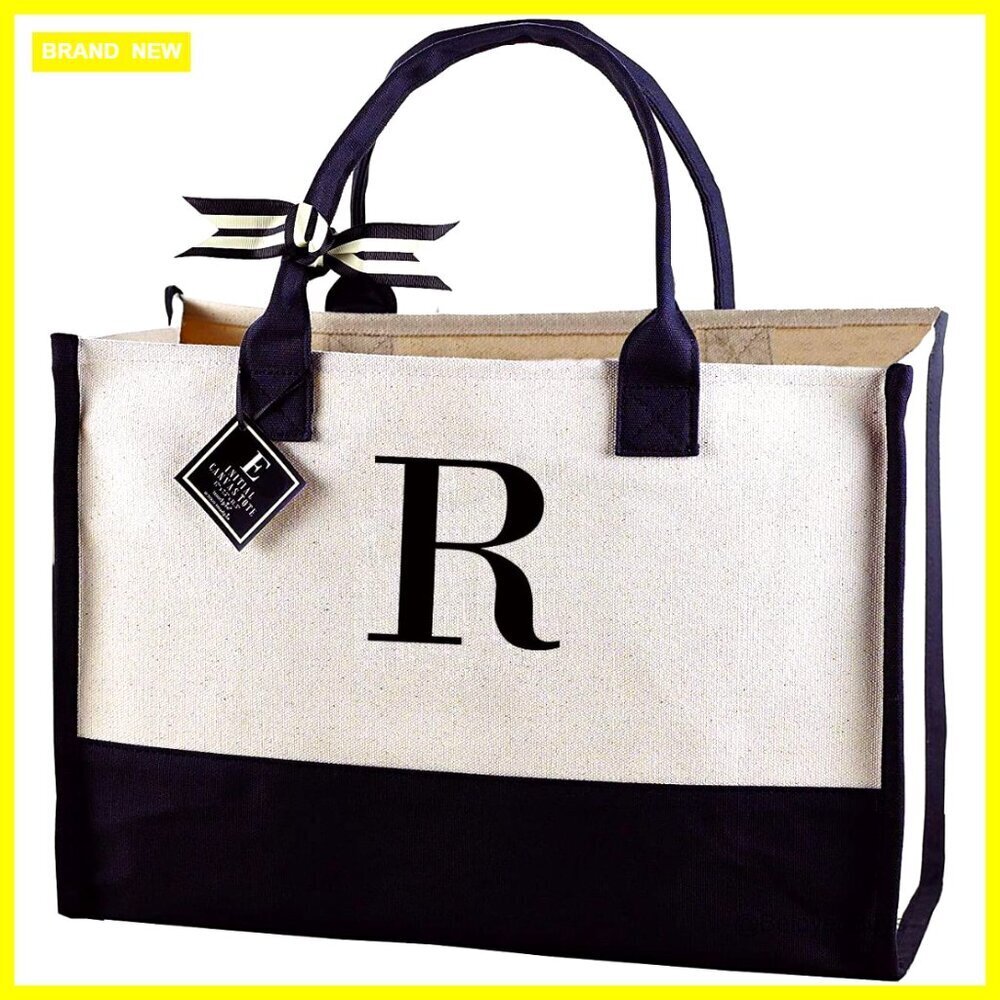 Large Cotton Canvas Tote Bag with Embroidered Initial, 17x19 Inches